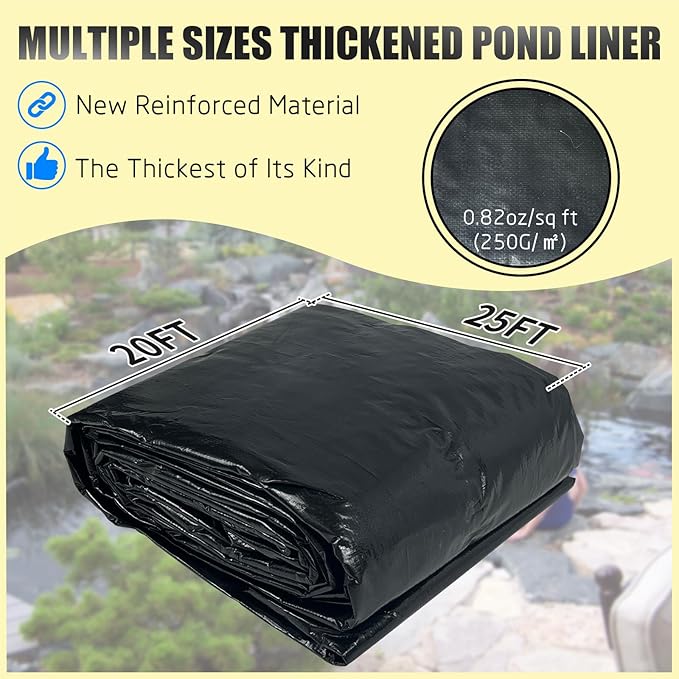 20x25FT Reinforced PE Pond Liner, KOI Pond Liners for Outdoor Ponds, Enhanced 5-Layer Structure Pond Liner for Fish, Duck, Garden Raised Bed and Waterscape Pond(0.82oz/sq ft Thickness)