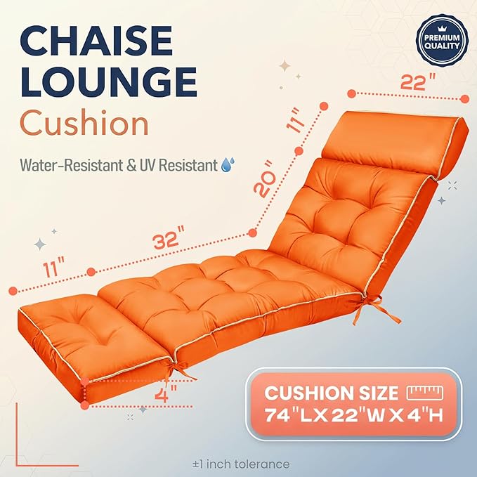 MAGIC ELEPHANT Chaise Lounge Cushions Outdoor, Memory Foam Replacement Patio Pool Lounge Chair Cushion with Ties for Outdoor Furniture, 74 x 22 x 4 Inch (Orange)