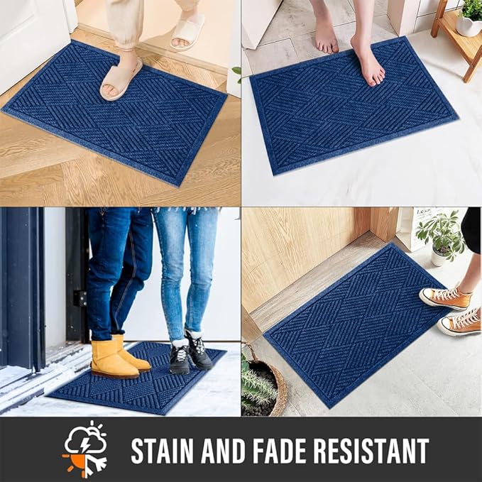 Sturdy Front Door Mat, Absorbent Muddy Dirt Resist Welcome Door Mats Outdoor Indoor, Stain and Fade Resistant, Non-Slip Rubber Backing Low Profile Doormat for Entryway, 30×17, Blue