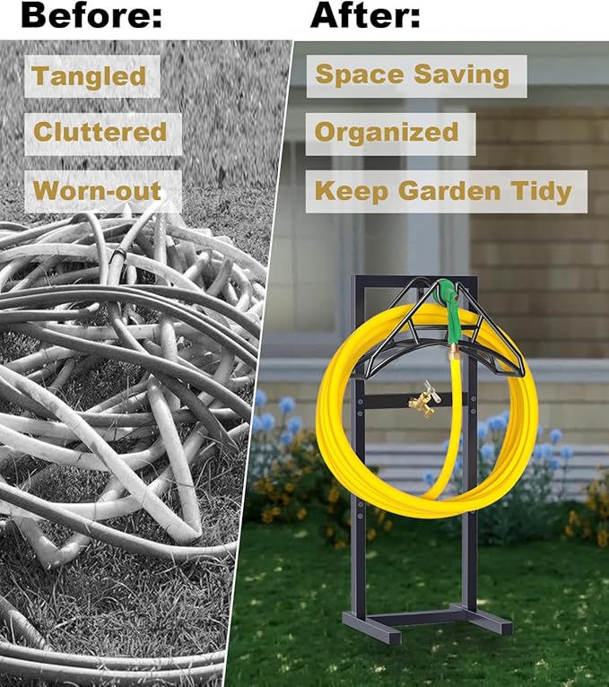 Outdoor Garden Hose Holder Freestanding with Brass Faucet And 4 Spikes, Heavy Duty Metal Water Hose Reel Stand Hanger Rack Organizer Holds Storage 150ft Hose for Outside Yard Lawn, Black