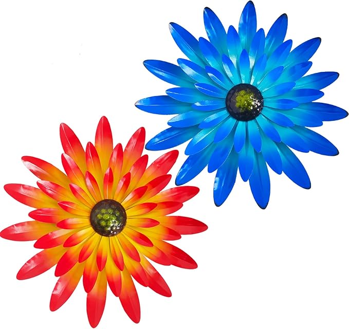 2PCS Metal Flower Wall Decorations - 12 Inch, Orange and Blue, Metal Flower Wall Art Garden Decor Hanging for Indoor and Outdoor