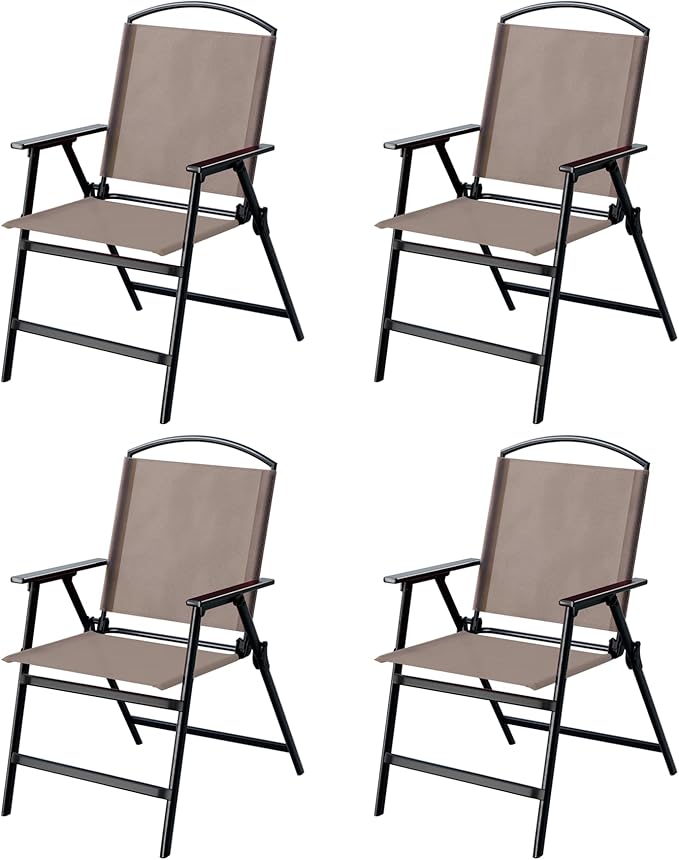 Outdoor Folding Patio Dining Chairs Set of 4 With Armrest Heavy-Duty Lightweight Protable Foldable Patio Sling Chair for Garden Lawn Poolside Backyard Deck Bistro Balcony Sillas Furnitures(4, brown)