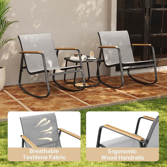 Aiho 3 Piece Patio Bistro Set, Textilene Outdoor Furniture Set with Patio Rocking Chairs with Wooden Armrests and Glass Table for for Lawn, Porch, Balcony, Poolside(Grey)