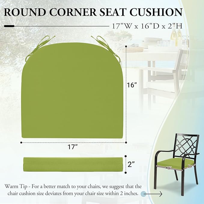 Wellsin Outdoor Chair Cushions for Patio Furniture - Patio Chair Cushions Set of 2 - Water Resistant Round Corner Outdoor Seat Cushions 17"X16"X2", Grass Green