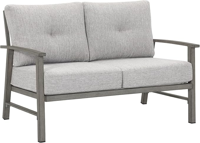 Patio Furniture Loveseat Sofa, Outdoor Aluminum Couch with 5.9'' Soft Cushion, All-Weather Outdoor 2 Seats Patio Furniture Sofa Couch for Garden, Poolside, Lawn, Limed Oak