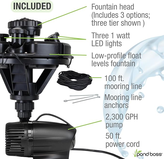 Pond Boss DFTN12003L Floating Fountain With Lights, 50 Foot Power Cord, 1/4 hp