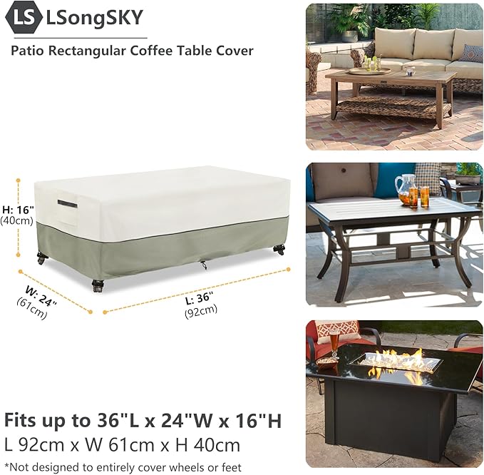 Outdoor Coffee Table Cover,Waterproof Rectangular Patio Small Side Table Cover,36 x 24 x 16 inch,Outdoor Table Covers Waterproof Rectangle,White&Grey-Green.