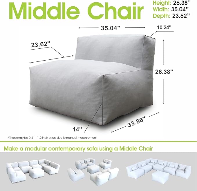 Patio Armless Chair, Outdoor Middle Bean Bag Chair, Daybed Sofa Comfy Couch, Modular Patio Sectional Sofa, Water-Resistant Olefin Fabric, High-Density Foam Filled, Comfy Lounge Seat, Light Gray