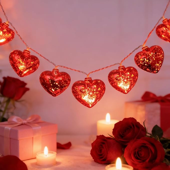 Valentines Heart Decoration Lights, 9.8 Ft Valentine String Lights Battery Operated 20 LED Red Shining Love Shape Lights , Valentines Heart Light for Indoor Outdoor Wedding Bedroom Valentine Decor