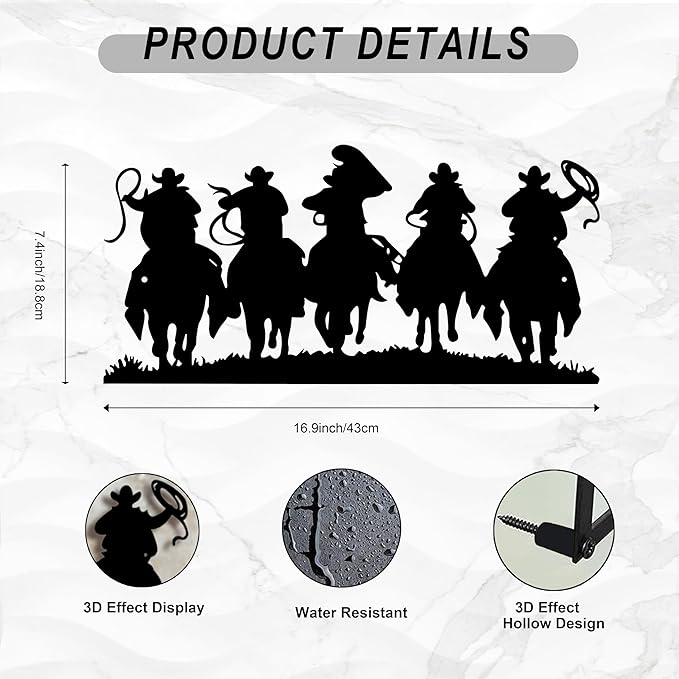 LIYAOLI 3D Vintage Western Wall Decor,Black Metal Cowboy Wall Art Hanging Riding Rustic Cowboys Party Decorations Farmhouse Home Decor,Metal Wall Sculptures for Living Room,Bedroom