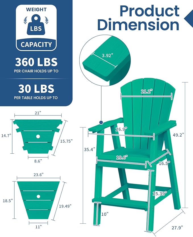 Ciokea Tall Adirondack Chairs Set of 4, HDPE Outdoor Adirondack Bar Stools with Double Connecting Tray, Weather Resistant High Back Adirondack Balcony Chairs for Deck, Lawn, Pool, Backyard, Lake Blue