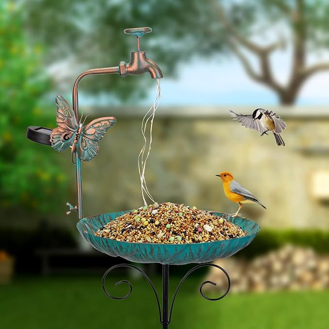 dreamysoul 50” Height Solar Bird Bath with Metal Stake Antique Bronze Faucet Solar String Light Birdbath for Outdoor Garden Decoration