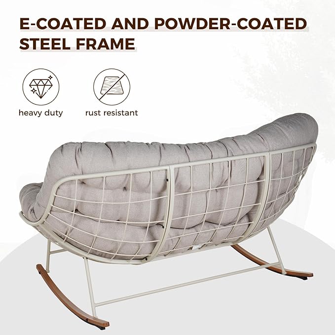 Grand patio Rocking Chair Outdoor, Oversized Rocking Chair for 2 with E-Coated Steel Frame and Thick Cushion, Comfy Papasan Loveseat Rocker for Patio Porch Deck