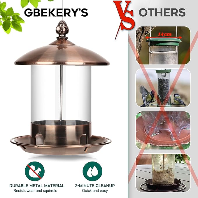 Metal Bird Feeders for Outdoors Hanging, Weather Resistant Wild Bird Feeder with 360 Degree Feeding Tray, Copper