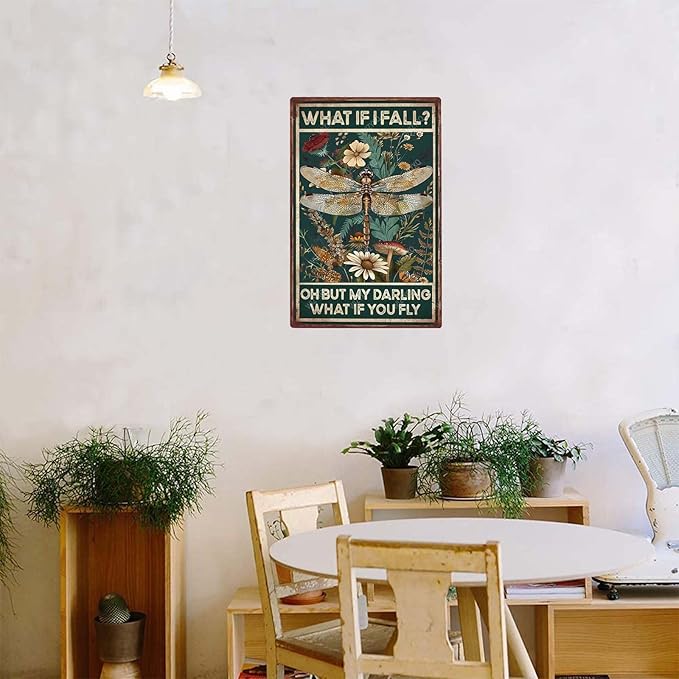 Funny Metal Signs Dragonfly What If I Fall Oh But My Darling What If You Fly Vintage Tin Sign Retro Hippie Room Wall Decor for Home Bedroom 8×12 Inches