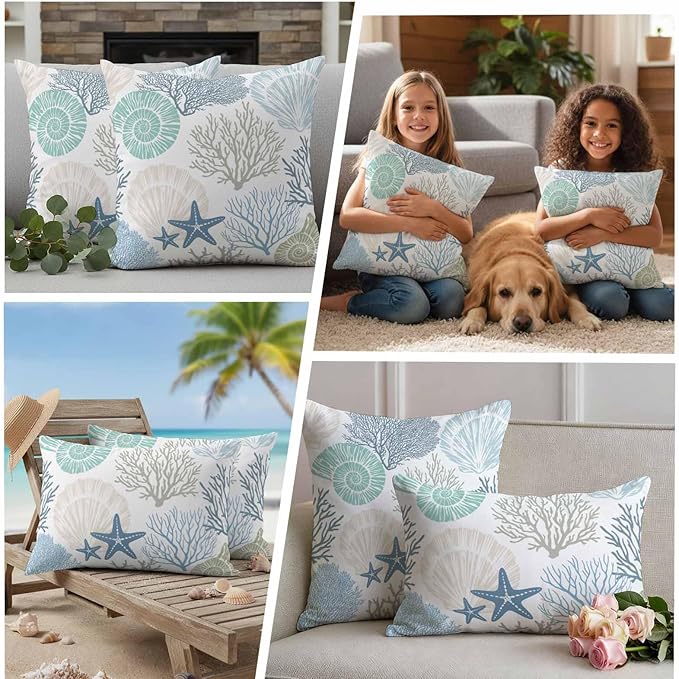 Blue Ocean Shells Coral Waterproof Pillow Covers Set of 2,Conch Starfish Marine Life Outdoor Pillow Protectors with Zipper Pillowcases for Patio Tent Garden Beach 26x26 Inches