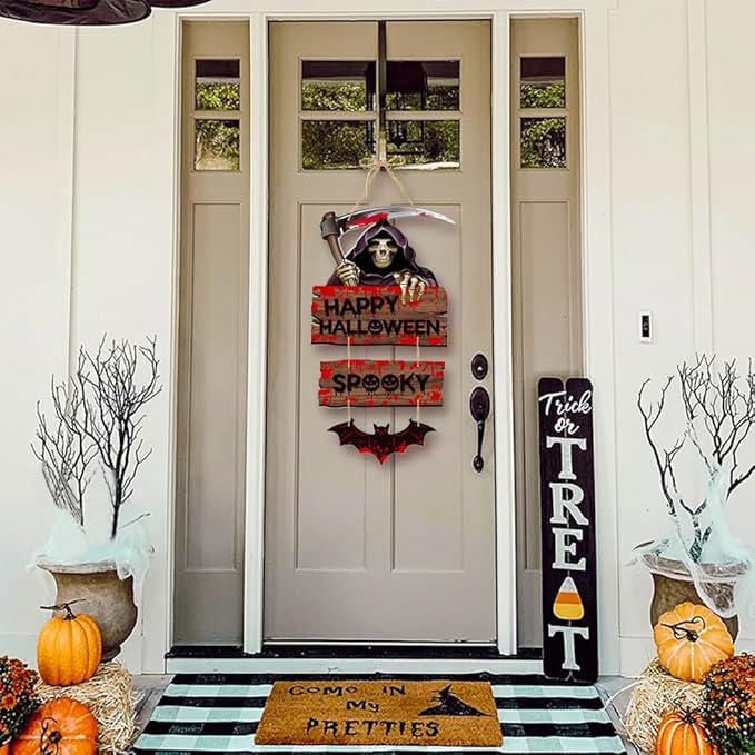 Happy Halloween Decorations Death Hanging Sign Front Door Hanger Wreath Decor Indoor Outdoor Decor for Halloween Party Home Farmhouse Wall Porch Yard Window Decoration Supplies