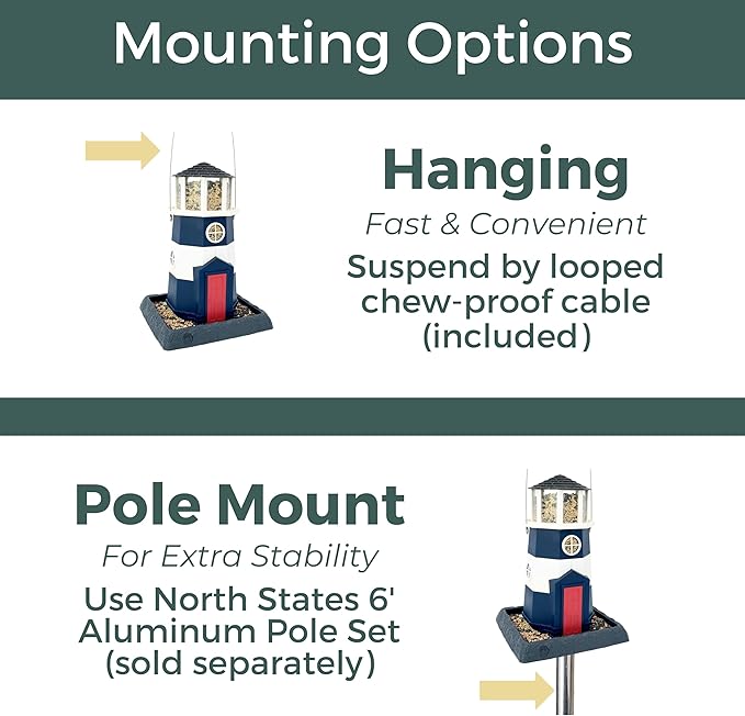 North States Village Collection - Large Nautical Navy Lighthouse Bird Feeder: Hanging Bird Feeder for Outdoors, Holds 8 Pounds of Seed