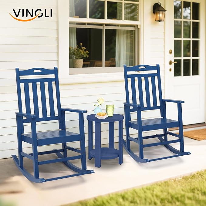 VINGLI Outdoor Rocking Chair with Footrest, Wooden Rocking Chair with 450 LBS Weight Capacity, Patio Rocker with Comfortable Backrest for Garden, Yard (Navy Blue, 1PC)