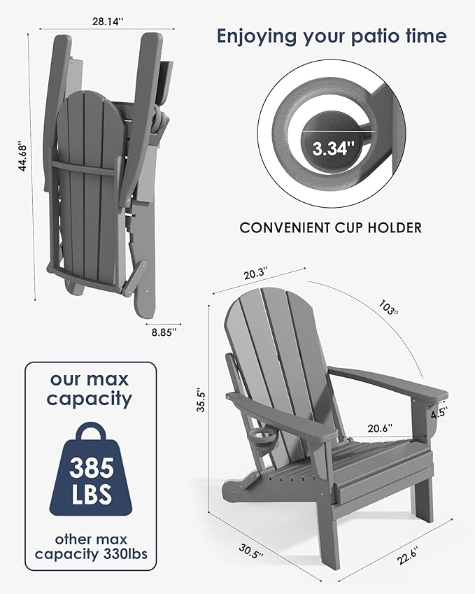 Folding Adirondack Chairs Set of 4, All-Weather Resistant HDPE Patio Firepit Chairs, Sturdy Outside Chairs with Cup Holder, Lawn Chairs, 80% Pre-Installed Load Capacity 385lb, Slate Grey
