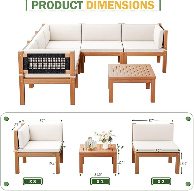 Devoko Outdoor Sectional Couch 6 Pieces Patio Sectional Sofa with Acacia Wood Coffee Table, Outdoor L-Shaped Couch with All-Weather Cushion for Patio,Deck,Backyard(White)