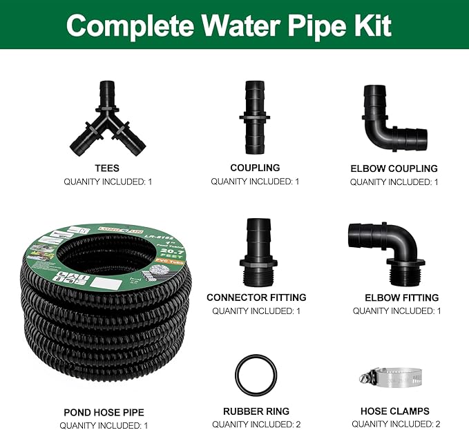 LONGRUN Pond Tubing 1 Inch Diameter, 20.7 Feet Long Corrugated Flexible Hose Pipe with Clamps Pipe Fittings, Pool PVC Tube for Garden Ponds Waterfalls Camping Caravans Filters Drainage Marine