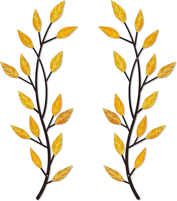 LWHZHE 2 Pieces Vintage Tree Leaf Wall Art Vine Metal Bathroom Wall Decor Olive Branch Wall Decor Living Room Tree Wall Art for Outdoor Hallway Kitchen Garden (Yellow)