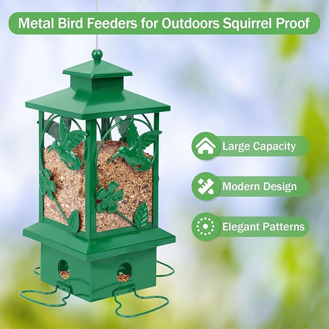 Bird Feeders for Outdoors Hanging, Metal Squirrel Proof Bird Feeder, Large Capacity and Weatherproof, Easy to Clean and Fill, Attracting Finch, Cardinal, Blue Jay; Green