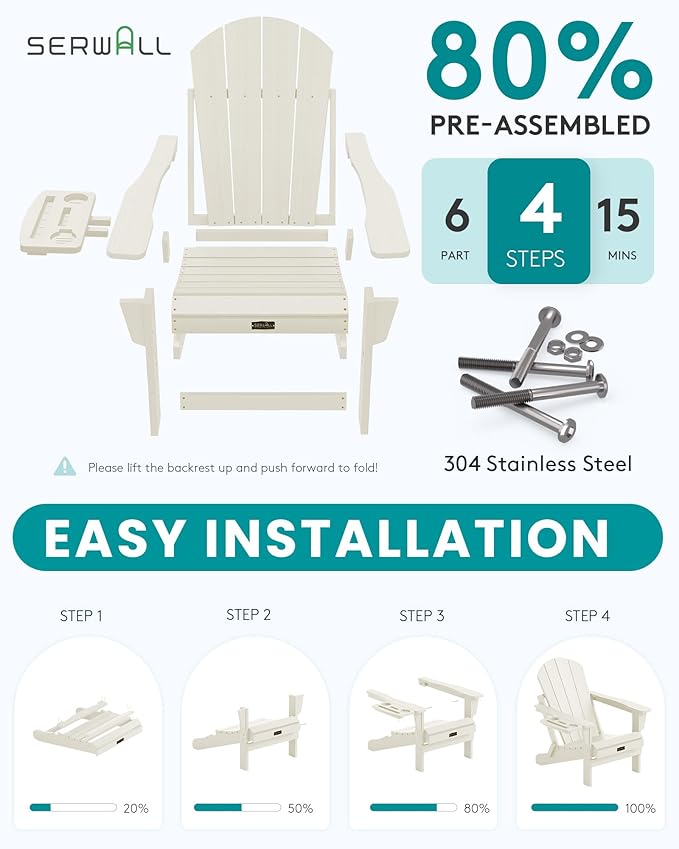 SERWALL Folding Adirondack Chair, Outdoor Adirondack Chairs with Multi-Functional Cup Holder, Wood-Like Patio Chairs, Lawn Chairs, All Weather Plastic Fire Pit Chair for Garden, Backyard, Deck - White