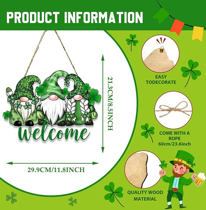 St Patricks Day Door Decorations, St Patricks Day Gnome Decorations, Shamrock Decoration, Shamrock Gnome Wood Hanging Sign for Office Party Porch Yard Outdoor Indoor Home Decor Irish Decor