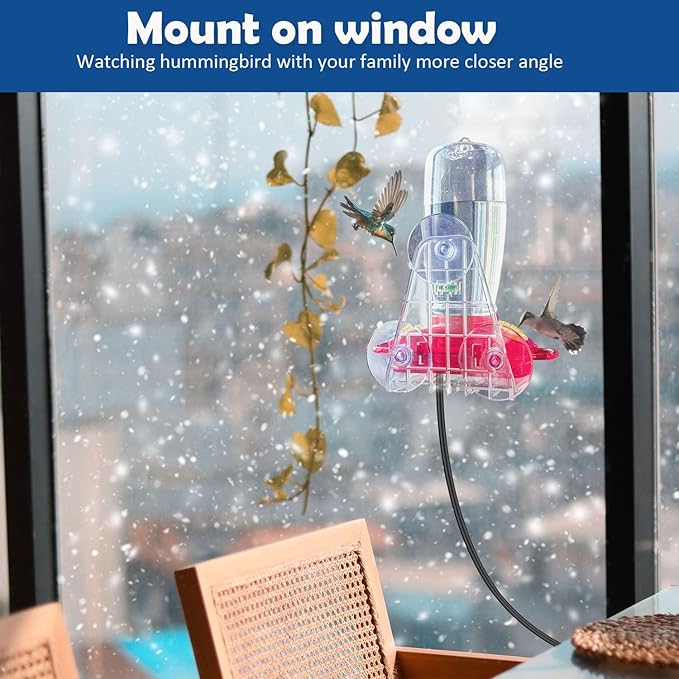 DOUBFIVSY 2 in 1 Heated Hummingbird Feeders for Outdoors, 19℃/66℉ Constant Temperature Window Hummingbird Feeder with Hooks & Suction Cups Anti Freezing Hummingbird Feeders for Winter, Garden