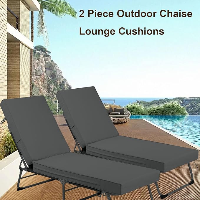 Chaise Lounge Cushions Outdoor Set of 2, Waterproof & Fade Resistant Patio Lounger Cushions, Replacement Sun Lounger Pads with Removable Cover for Pool, Deck, Lawn Furniture