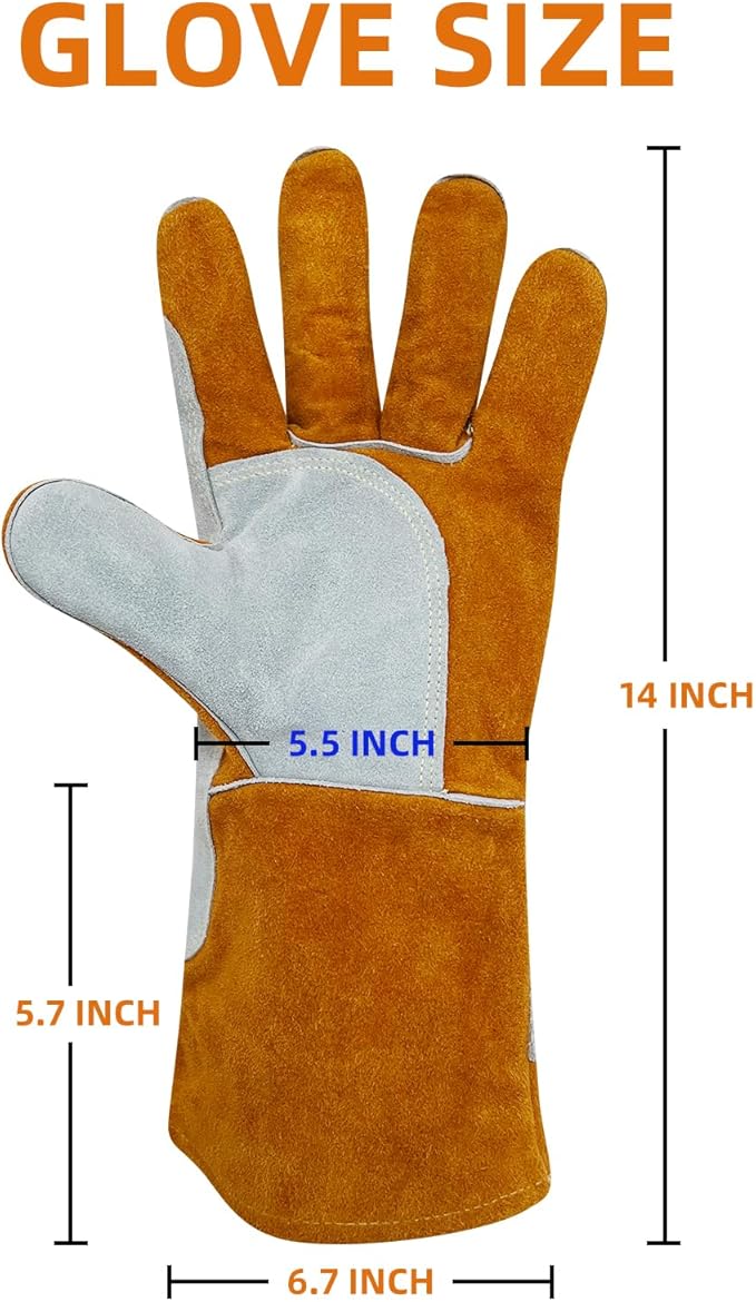 14" Leather Welding Gloves, Fire and Heat Resistant Long Sleeve Welding Gloves, For Mig, Gas, BBQ, Oven, Grill, Fireplace, Baking Mitts, Fireplace, Animal Training, Animal Handling