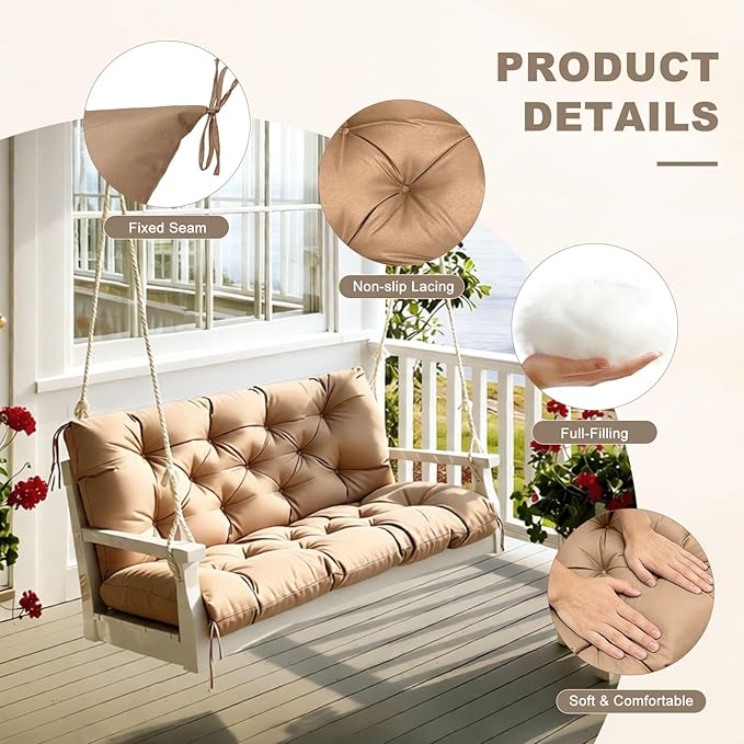 Porch Swing Cushion with Backrest, Waterproof Bench Cushion for Outdoor Furniture, 2-3 Seater Replacement Thickened Swing Cushion with Ties, Patio Outdoor Backyard and Garden (Khaki,40x40in)