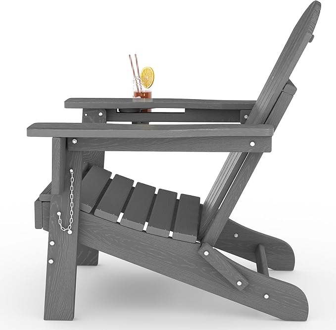 Folding Adirondack Chair Set of 2 with Side Table, All-Weather HDPE Outdoor Chair, Wooden Textured with Cup Holder for patios, Decks, Gardens, fire pits, Grey
