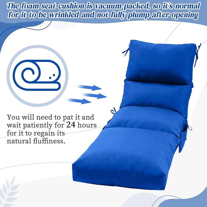 Kigley 2 Pcs Chaise Lounge Cushions, 77.9 x 20.5 x 4.7 Inch Outdoor Lounge Chair Cushions with Pocket, Thick Tufted Patio Recliner Replacement with Ties, Fade Resistant for Pool Furniture (Blue)