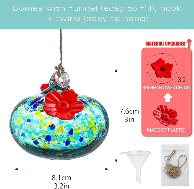 3.3OZ Glass Hummingbird Feeder with 2 Feeding Ports 3inch Blown Glass Hummingbird Feeder for Outdoors Hanging Garden Patio Decoration Uniques Gifts for Women