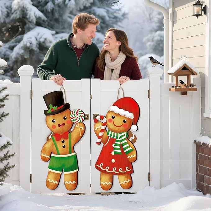 Thyle 2 Pcs Wooden Christmas Gingerbread Sign 27 x 10 Inch Xmas Hanging Gingerbread Front Door Decor Ginger Bread Welcome Door Hanger for Outdoor Indoor Front Porch Home Farmhouse Wall Supplies