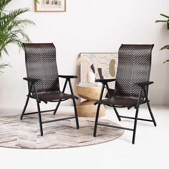 Tangkula Patio Rattan Folding Chair, Outdoor Wicker Portable Camping Chair with Widened Armrest, Foldable Chair with High Backrest for Garden Balcony Outdoor & Indoor (1)