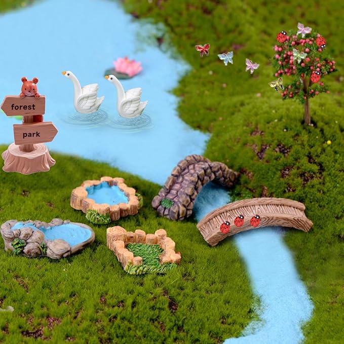 45 Pcs Resin Mini Garden Accessories - Miniature Landscape Decorations with Mini Bridge Pond Mountain House Figurines Swan Ladybug Butterfly Flower Figures Bulk for Dollhouse Garden Craft