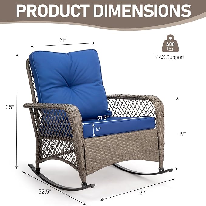 Outvita Outdoor Wicker Rocking Chair, Patio Rattan Rocker Chair w/Cushions & Steel Frame, All-Weather Rocking Lawn Wicker Furniture for Garden Backyard Porch Deck (Navy Blue)