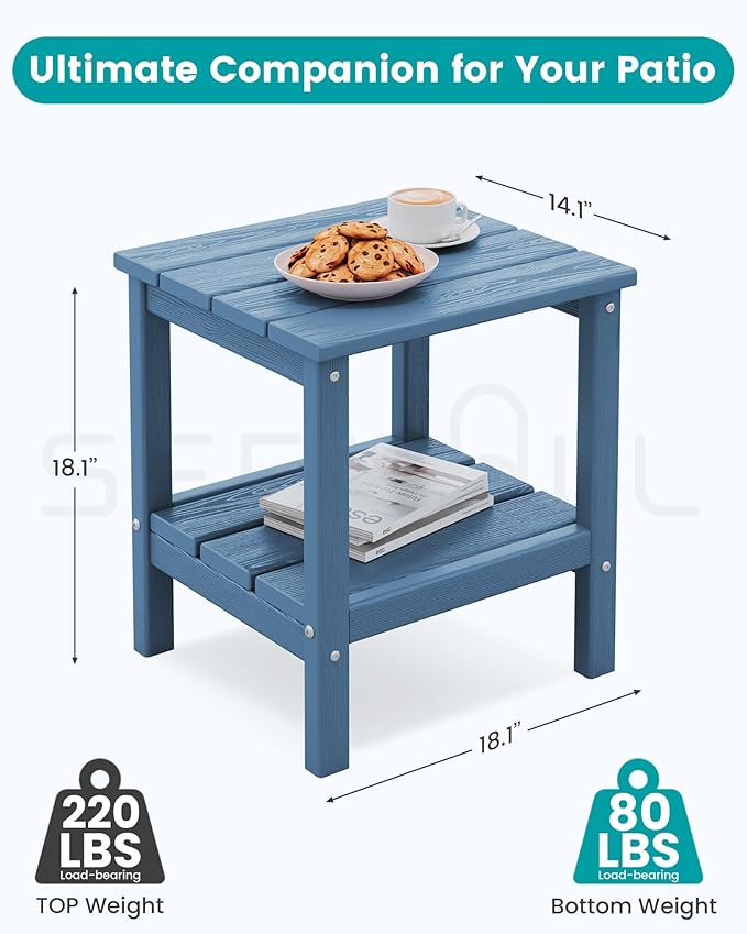 SERWALL 2-Tier HDPE Outdoor Side Tables Set of 2, Weatherproof Rectangular Adirondack Side Table, Blue