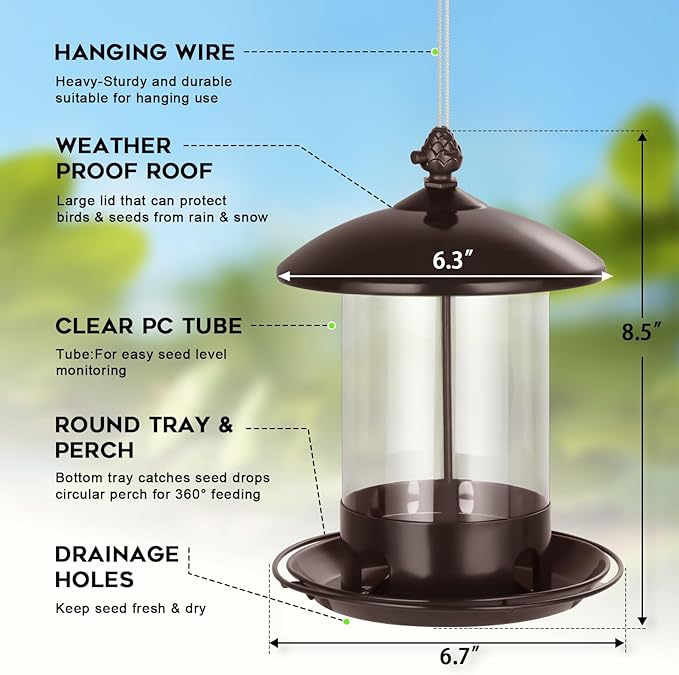 Metal Bird Feeders for Outdoors Hanging, Weather Resistant Wild Bird Feeder with 360 Degree Feeding Tray, Brown