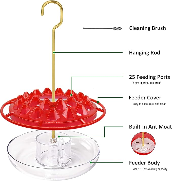 Hummingbird Feeders for Outdoors Hanging [Set of 2] 10 oz Wild Bird Feeder with 25 Feeding Ports, Built-in Ant Moat, Leak-Proof, Easy to Clean with Cleaning Brush