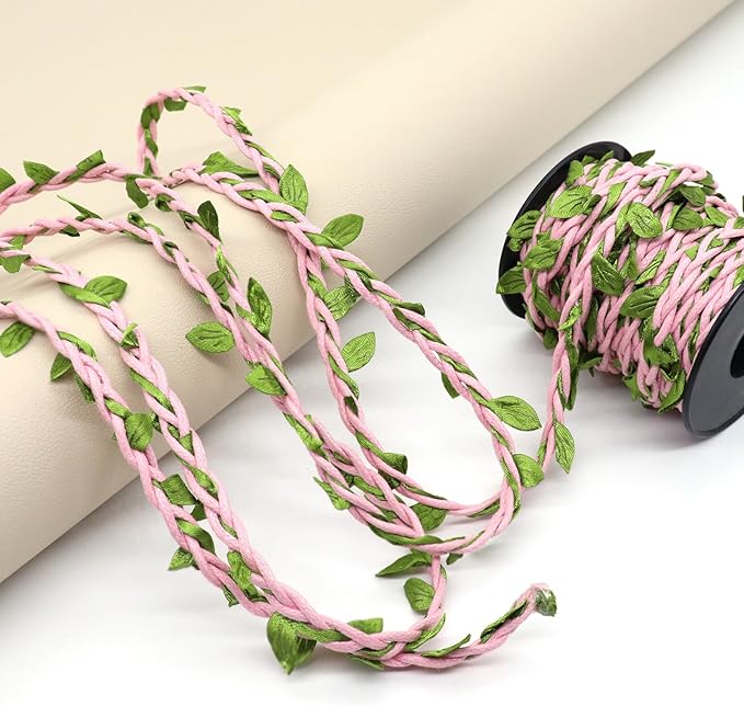 33ft Waxed Twine with Green Leaves, 3-ply Waxed Cord, Artificial Leaves Waxed String for Crafts and Decor (Pink Waxed Twine)