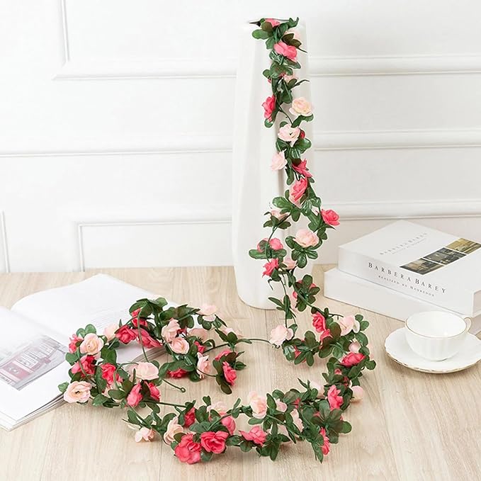 BLEUM CADE 12Pcs 98.4Ft Flower Garland Artificial Rose Vines with 98.4Ft String Lights, Cute Fake Hanging Flower Vines Floral Garland Decorations for Wedding Party Wall Room Decor Aesthetic