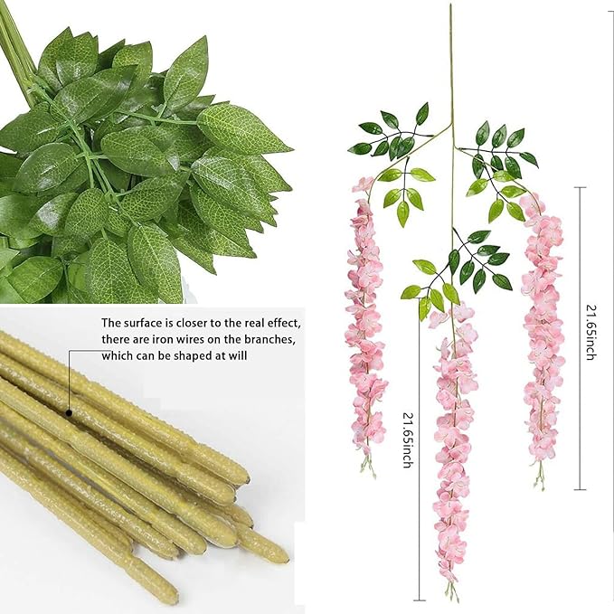 Artificial Wisteria Hanging Flowers Fake Wisteria Flower Garland Silk Vines Rattan Decor for Home Wedding Arch Wall Garden Greenery Bedroom Outdoor Office Party Decoration (36, Light Pink)