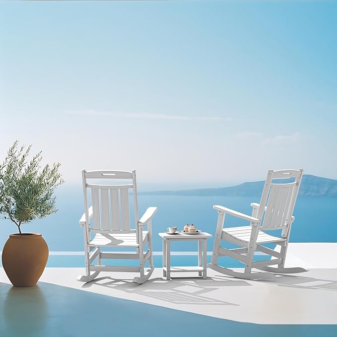 Plawdlik Oversized Outdoor Rocking Chairs 2 Pack - All-Weather HDPE Heavy Duty Patio Rockers with High Back - Modern Style for Porch, Garden - White
