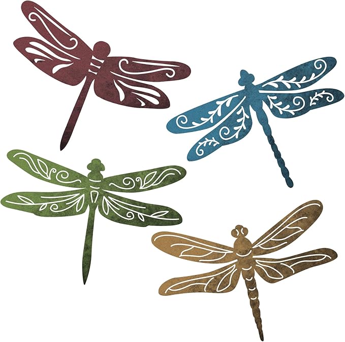 Teling 4 Pcs Metal Hummingbird Wall Art Metal Dragonfly Wall Decor for Modern Farmhouse Rustic Home Living Room Bedroom Kitchen Patio Indoor Outdoor Decor(Dragonfly)