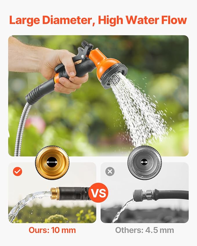 VEVOR Garden Hose Metal 150 ft, Rust Proof Stainless Steel Water Hose, Heavy Duty Backyard Hose with 10 Function Nozzle, No-Kink & Flexible Water Pipe, Lightweight Metal Hose for Yard, Outdoor